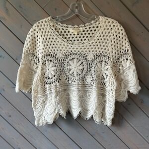 Rebellion Again Womens Cream Cotton Crochet Lace Boho Festival Crop Top Large